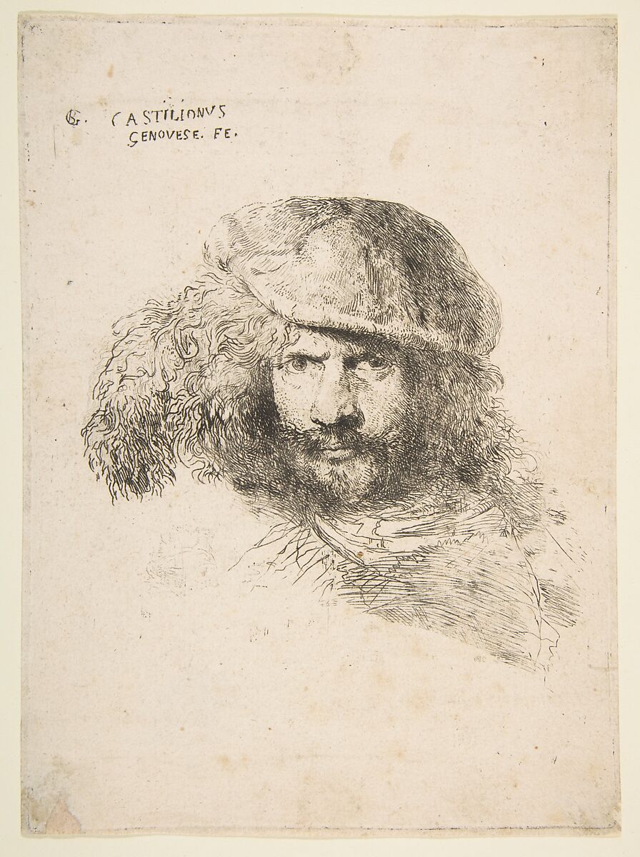 Head of a man wearing a feathered cap (possibly Bernini, possibly a self portrait), from the series of 'Large Oriental Heads', Giovanni Benedetto Castiglione (Il Grechetto) (Italian, Genoa 1609–1664 Mantua), Etching 