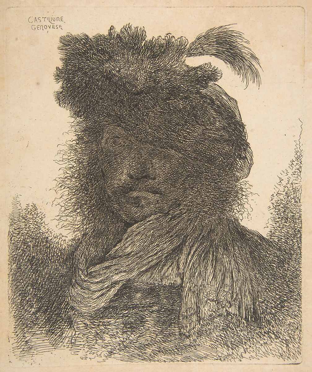 Head of a man in shadow turned slightly to the left, from "Large Oriental Heads", Giovanni Benedetto Castiglione (Il Grechetto) (Italian, Genoa 1609–1664 Mantua), Etching 