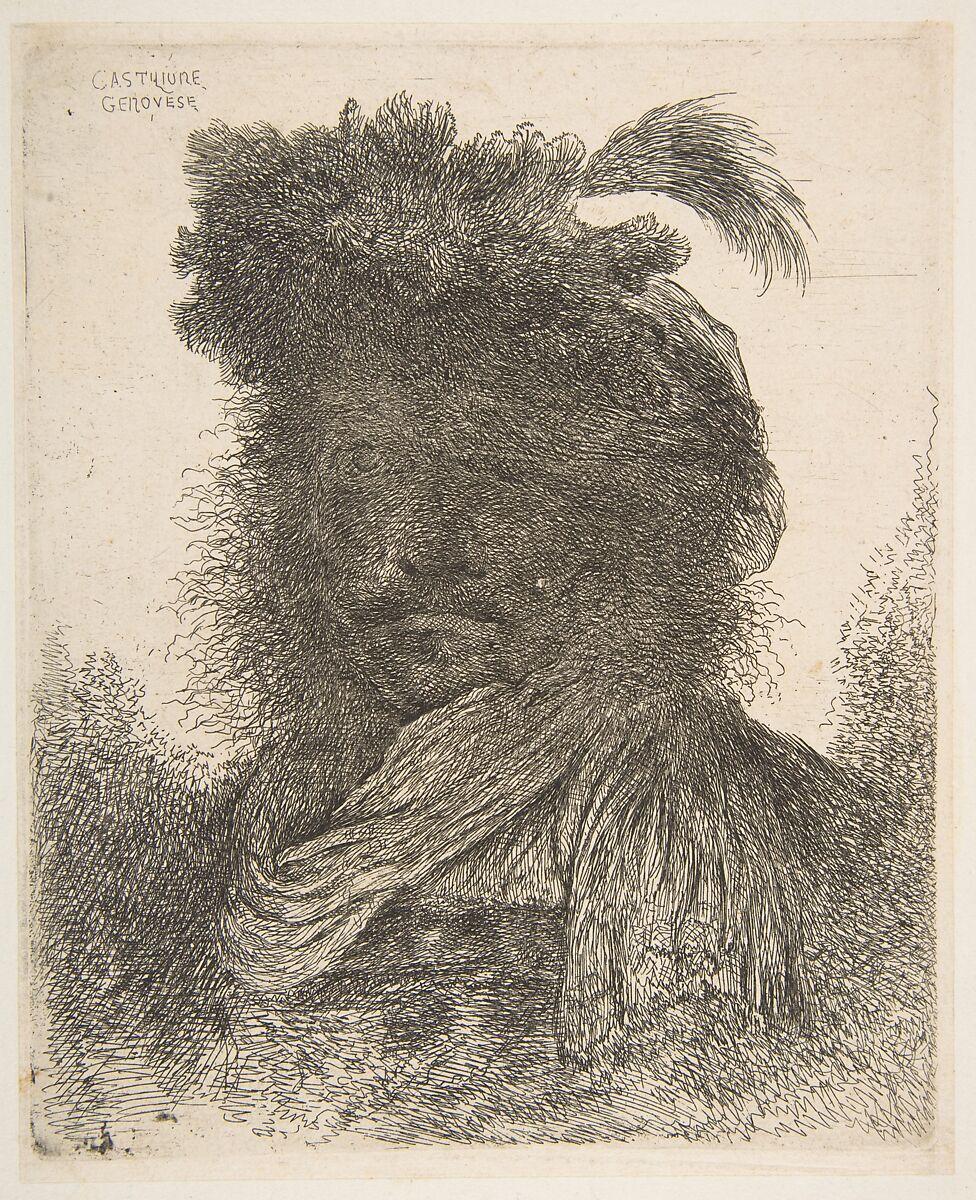 Head of a man in shadow turned slightly to the left,  from "Large Oriental Heads", Giovanni Benedetto Castiglione (Il Grechetto) (Italian, Genoa 1609–1664 Mantua), Etching 