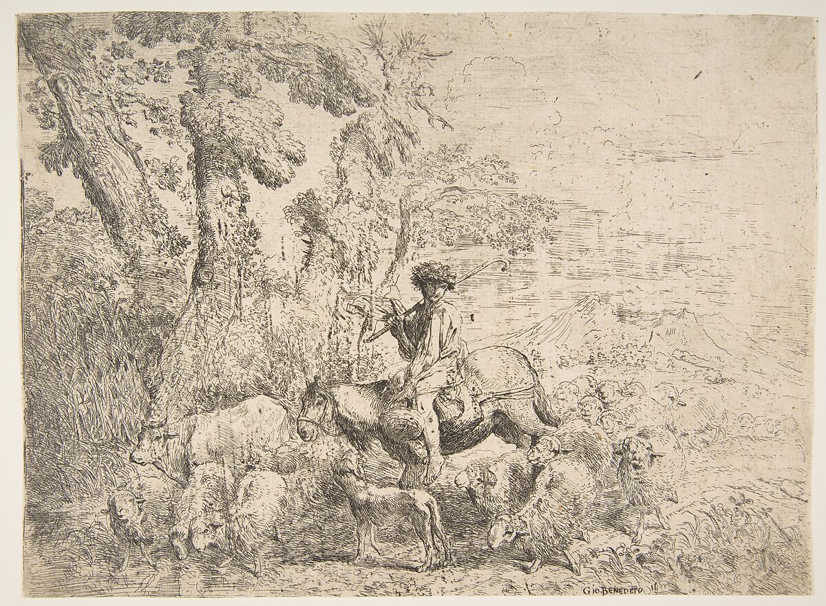 Young herdsman on horseback, Giovanni Benedetto Castiglione (Il Grechetto) (Italian, Genoa 1609–1664 Mantua), Etching 