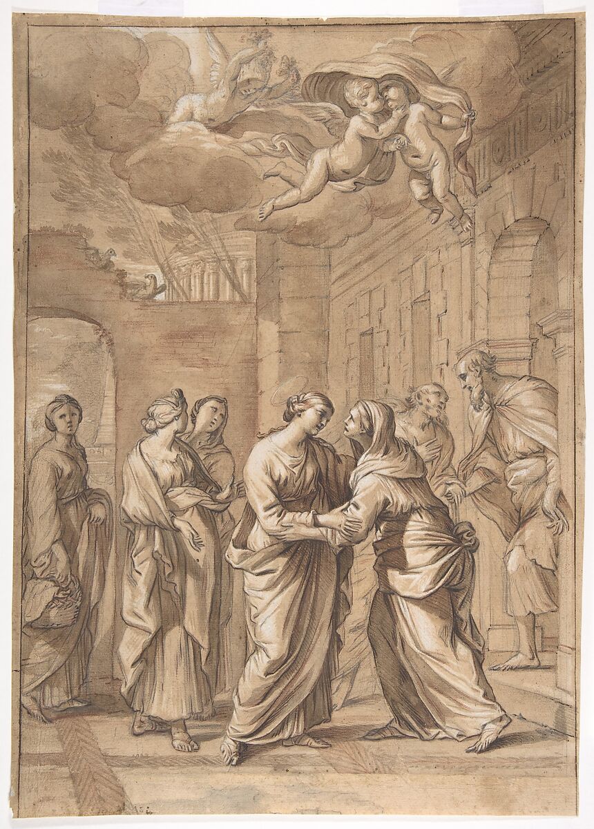 The Visitation, Nicolas Mignard (French, Troyes 1606–1668 Paris), Graphite, red chalk, pen and black ink, brush and brown and gray wash, heightened with white gouache; framing lines in pen and black ink 