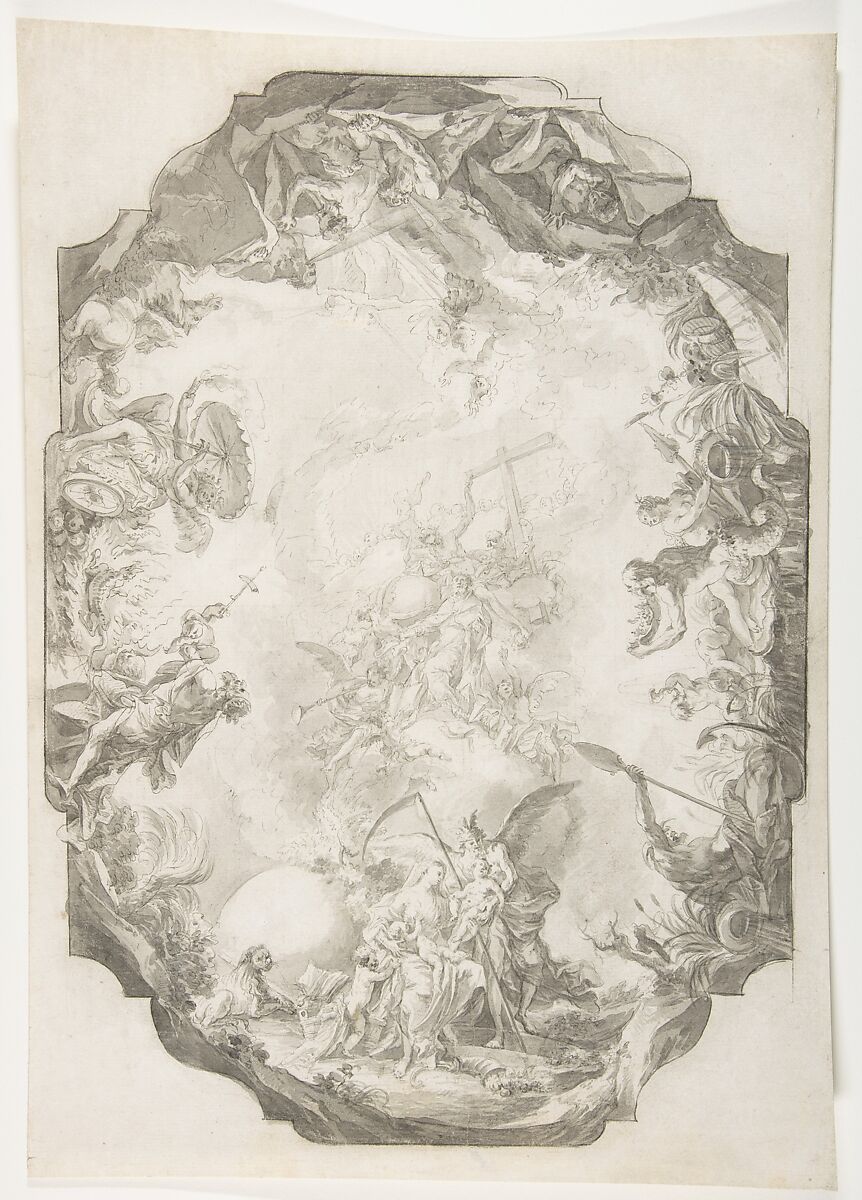 The Apotheosis of a Saint, Project for a Ceiling, Johann Anwander (German, 1715–1770), Pen and black ink, brush and gray ink, over black chalk, on grayish prepared paper