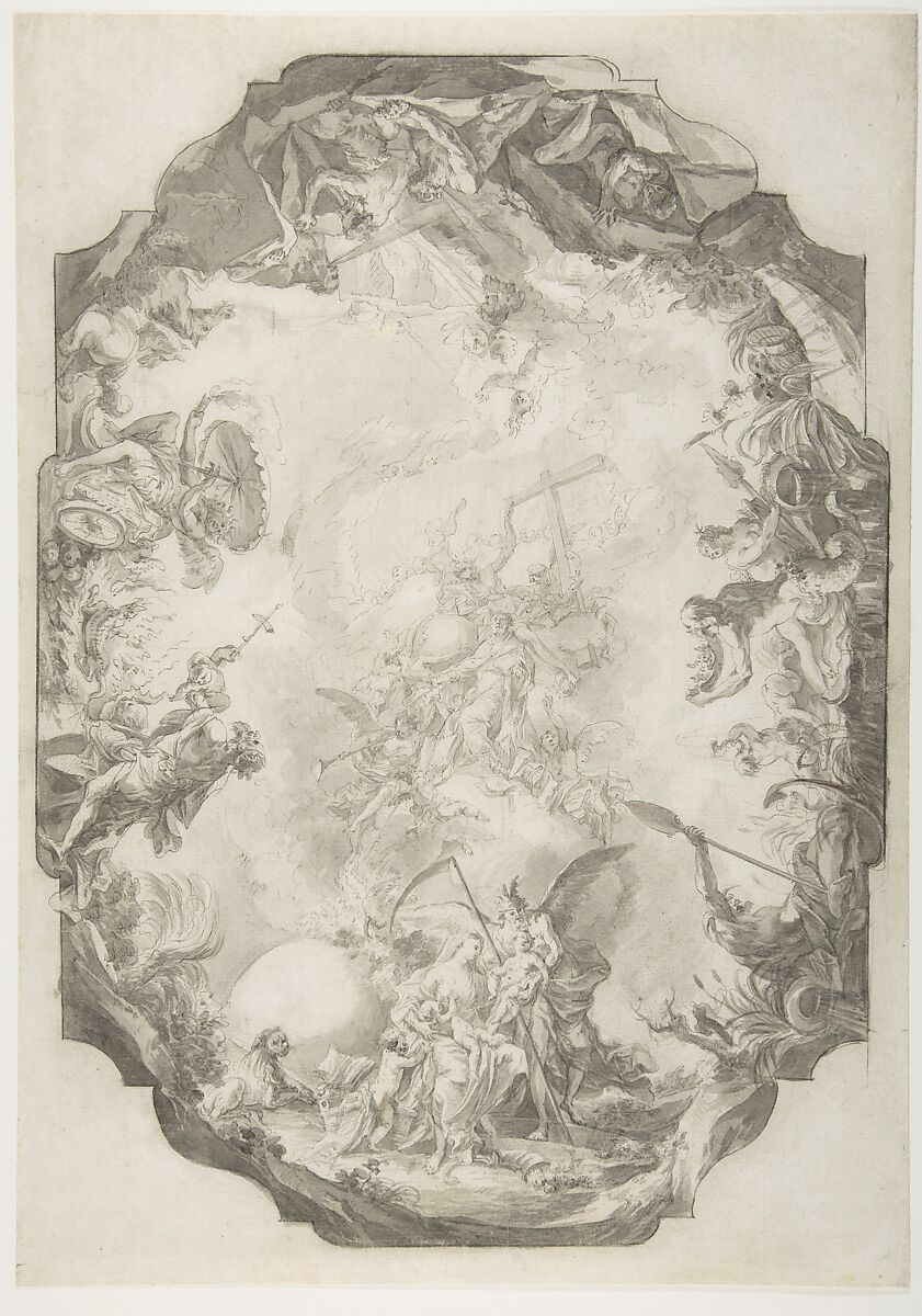The Apotheosis of a Saint, Project for a Ceiling, Johann Anwander (German, 1715–1770), Pen and black ink, brush and gray ink, over black chalk, on grayish prepared paper 