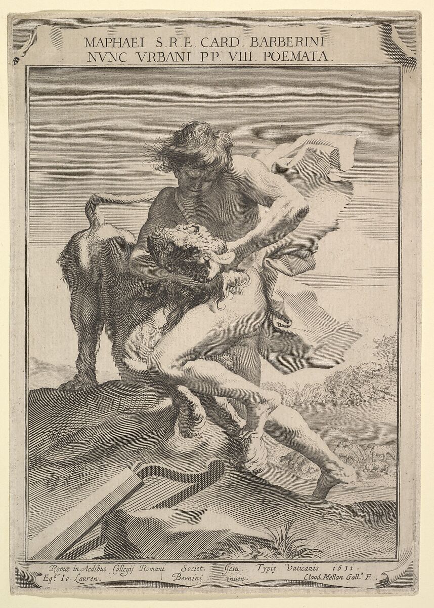 David Strangling the Lion, Claude Mellan (French, Abbeville 1598–1688 Paris), Engraving 