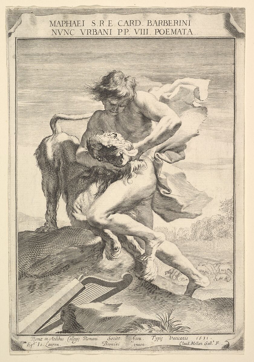 David Strangling the Lion, Claude Mellan (French, Abbeville 1598–1688 Paris), Engraving 