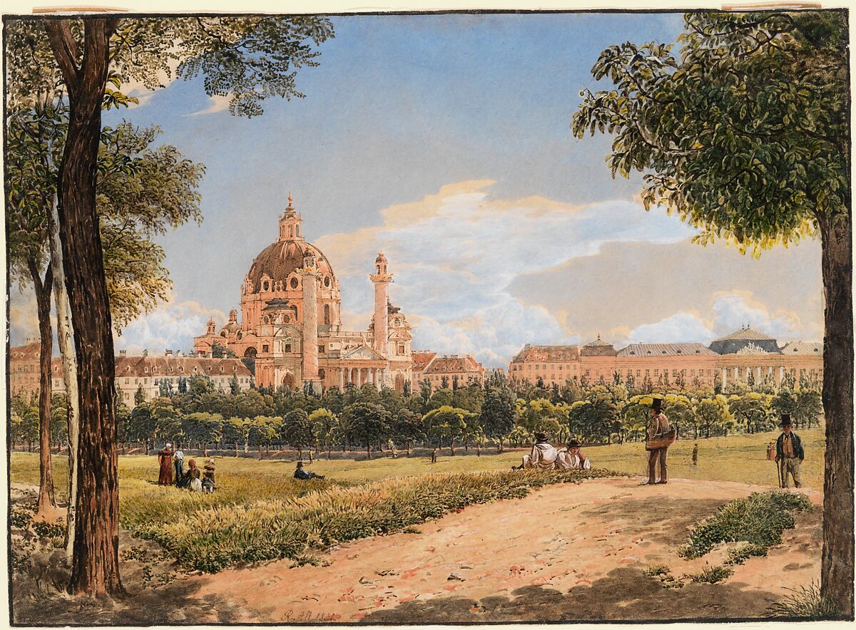 View of St. Charles Church and the Polytechnic Institute in Vienna, Rudolf von Alt (Austrian, Vienna 1812–1905 Vienna), Graphite, watercolor, gouache, gum arabic. Black framing line in watercolor 