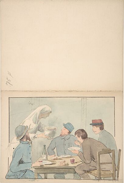 Soldiers Eating at a Table, Louise-Amelie Landré (French, born 1852), Watercolor, pen and ink 