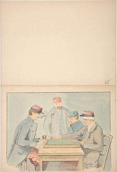 Soldiers Playing a Game, Louise-Amelie Landré (French, born 1852), Watercolor, pen and ink 