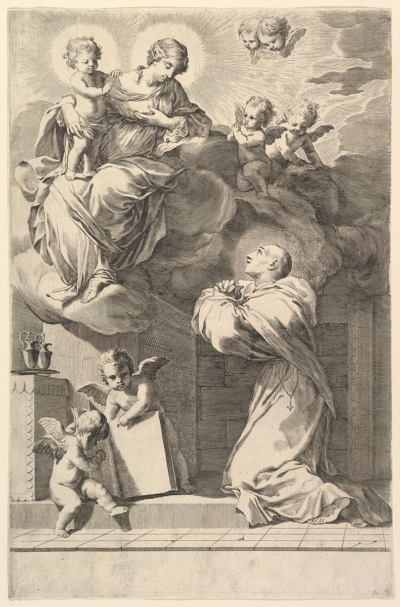 Saint Bernard Kneeling before the Virgin and Child, Claude Mellan (French, Abbeville 1598–1688 Paris), Engraving; first state of two 