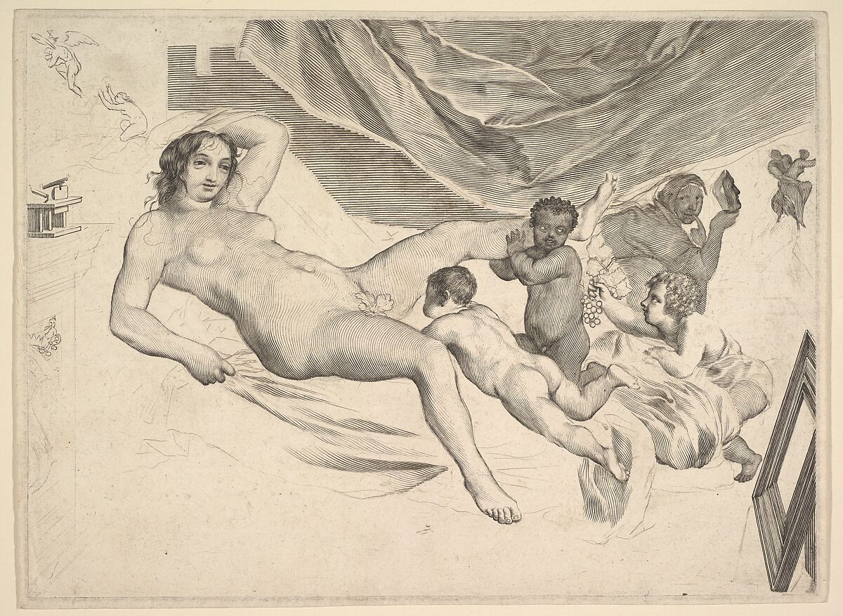 Allegorical Subject: Nude Woman, Three Children and a Mousetrap (La Sourcière), Claude Mellan (French, Abbeville 1598–1688 Paris), Engraving (burin and drypoint); second state of two (unfinished) 