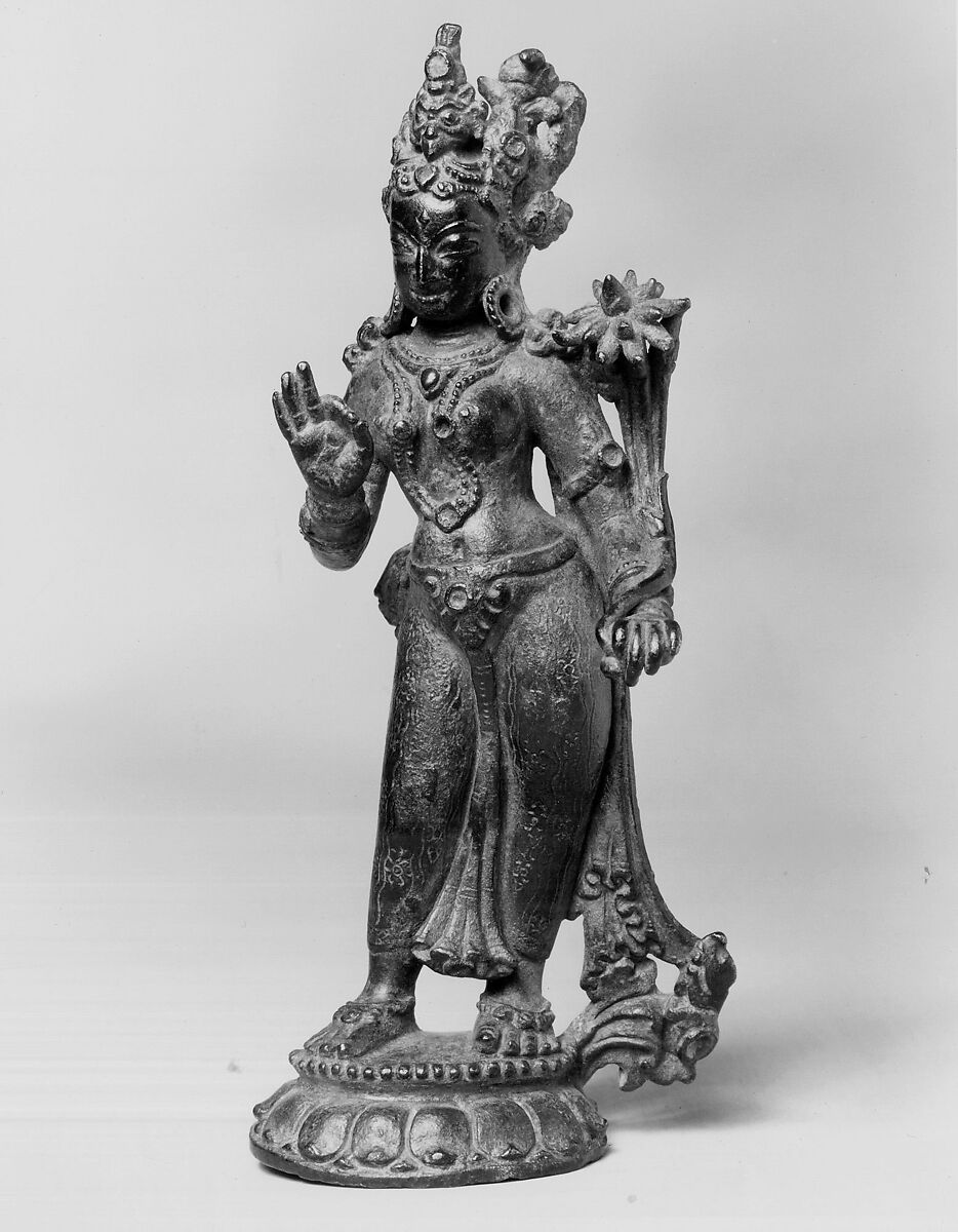 Standing Lakshmi (Goddess of Fortune), Copper alloy, inlaid with semiprecious stones, Nepal (Kathmandu Valley) 