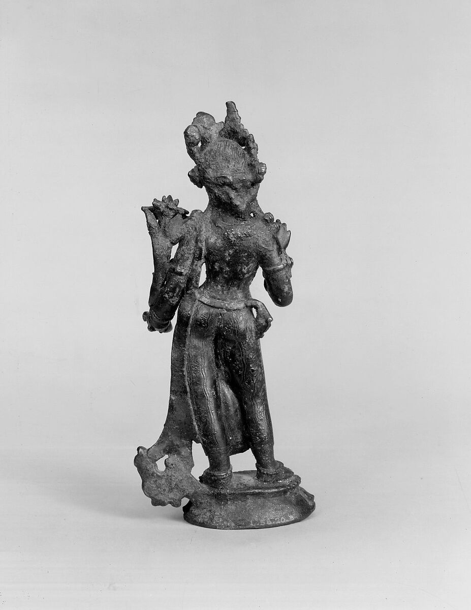 Standing Lakshmi (Goddess of Fortune), Copper alloy, inlaid with semiprecious stones, Nepal (Kathmandu Valley)