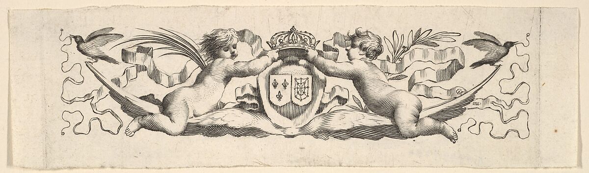 Headband: Two Infants with the Arms of France and Navarre, Claude Mellan (French, Abbeville 1598–1688 Paris), Engraving 