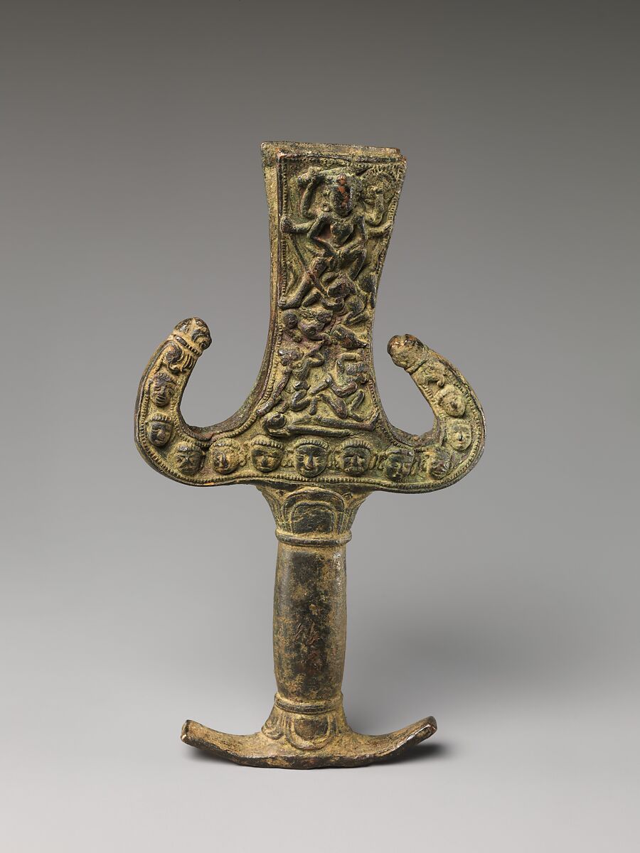 Sword Handle with Scenes of the Goddess Durga Slaying the Buffalo Demon Mahishasura, Copper alloy, Nepal, Kathmandu Valley 