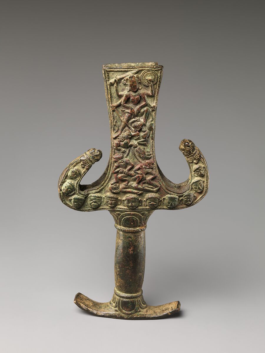 Sword Handle with Scenes of the Goddess Durga Slaying the Buffalo Demon Mahishasura, Copper alloy, Nepal, Kathmandu Valley