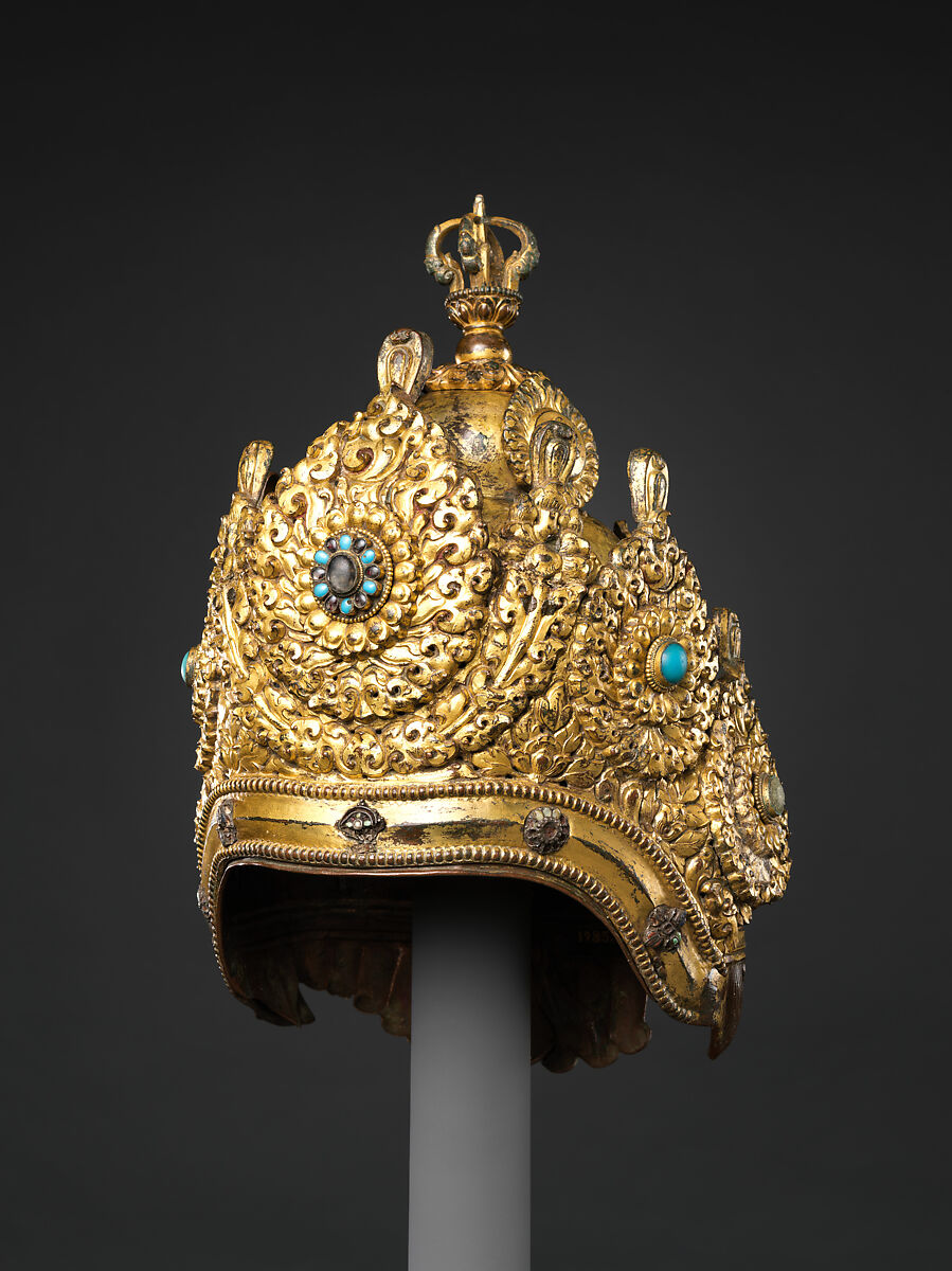 Vajracharya Priest’s Crown, Gilt copper alloy inlaid with semiprecious stones, Nepal