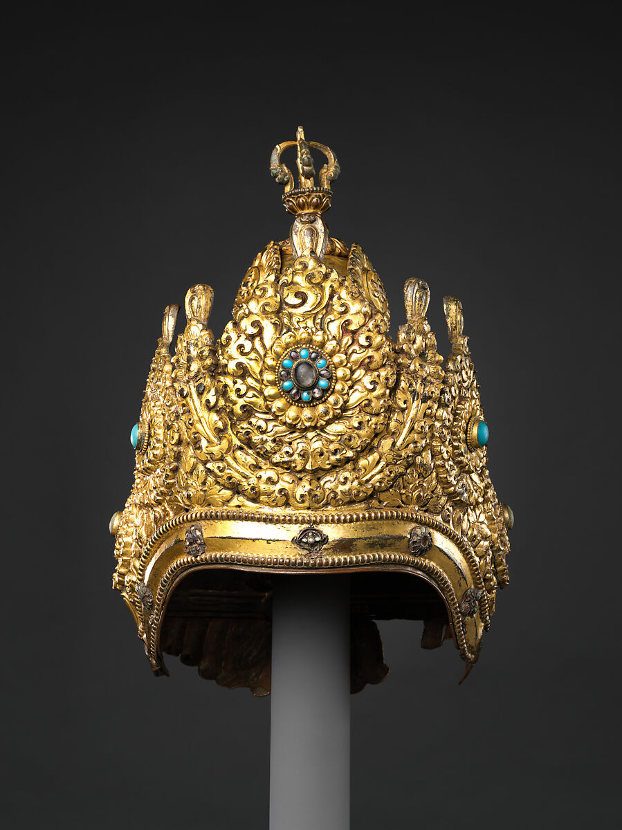 Vajracharya Priest’s Crown, Gilt copper alloy inlaid with semiprecious stones, Nepal 
