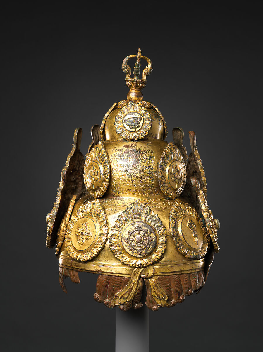 Vajracharya Priest’s Crown, Gilt copper alloy inlaid with semiprecious stones, Nepal