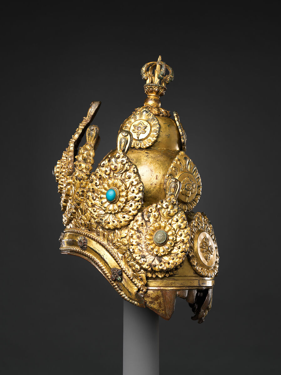 Vajracharya Priest’s Crown, Gilt copper alloy inlaid with semiprecious stones, Nepal
