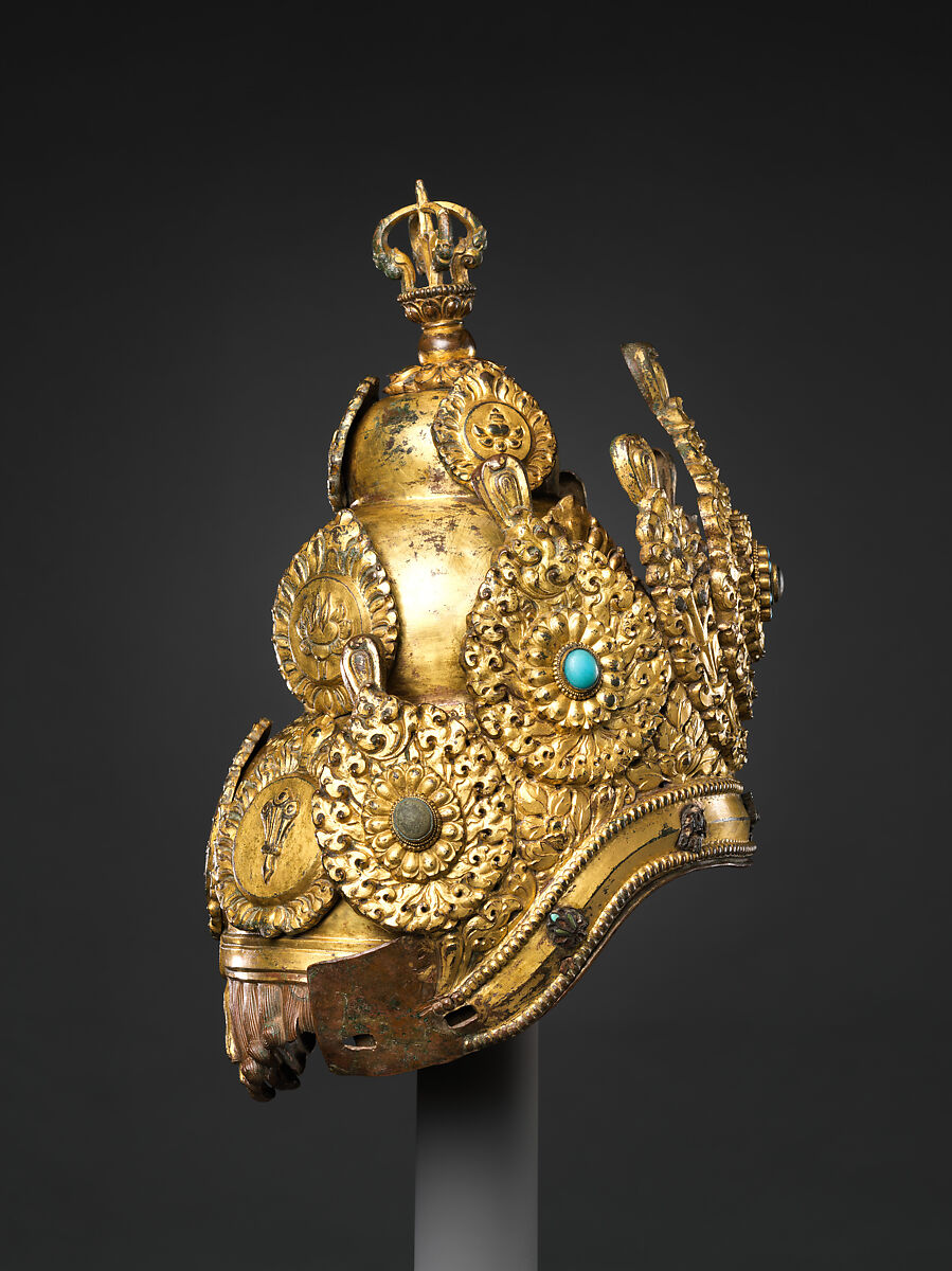 Vajracharya Priest’s Crown, Gilt copper alloy inlaid with semiprecious stones, Nepal