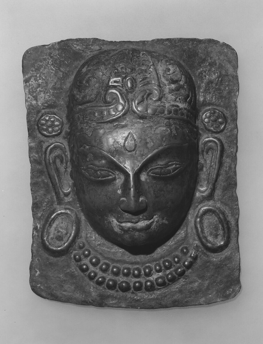 Relief Plaque of Hindu Deity, Probably Processional: Face of a Deity, Repoussé copper alloy, Nepal (Kathmandu Valley) 