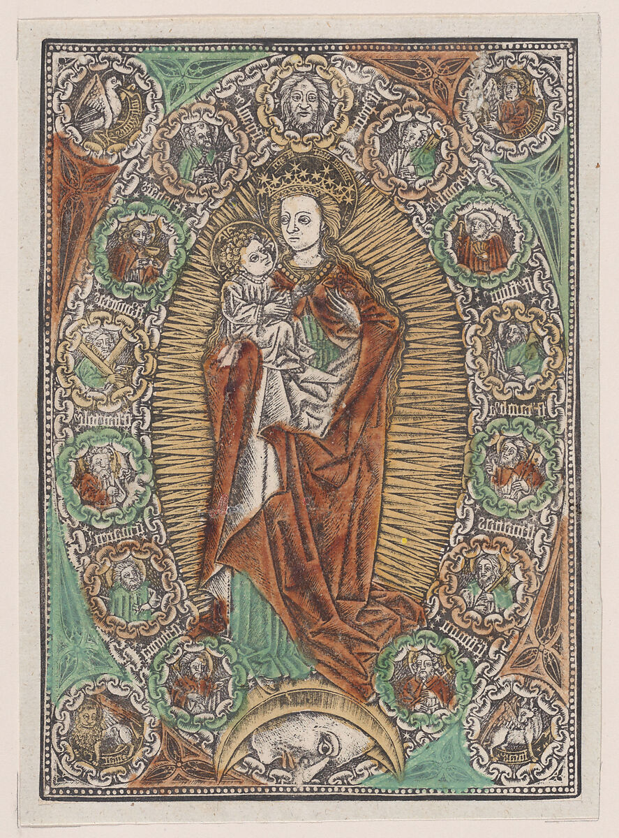 The Virgin and Child on the Crescent, Anonymous, Netherlandish, 15th century, Metalcut, hand-colored in green, red and yellow 