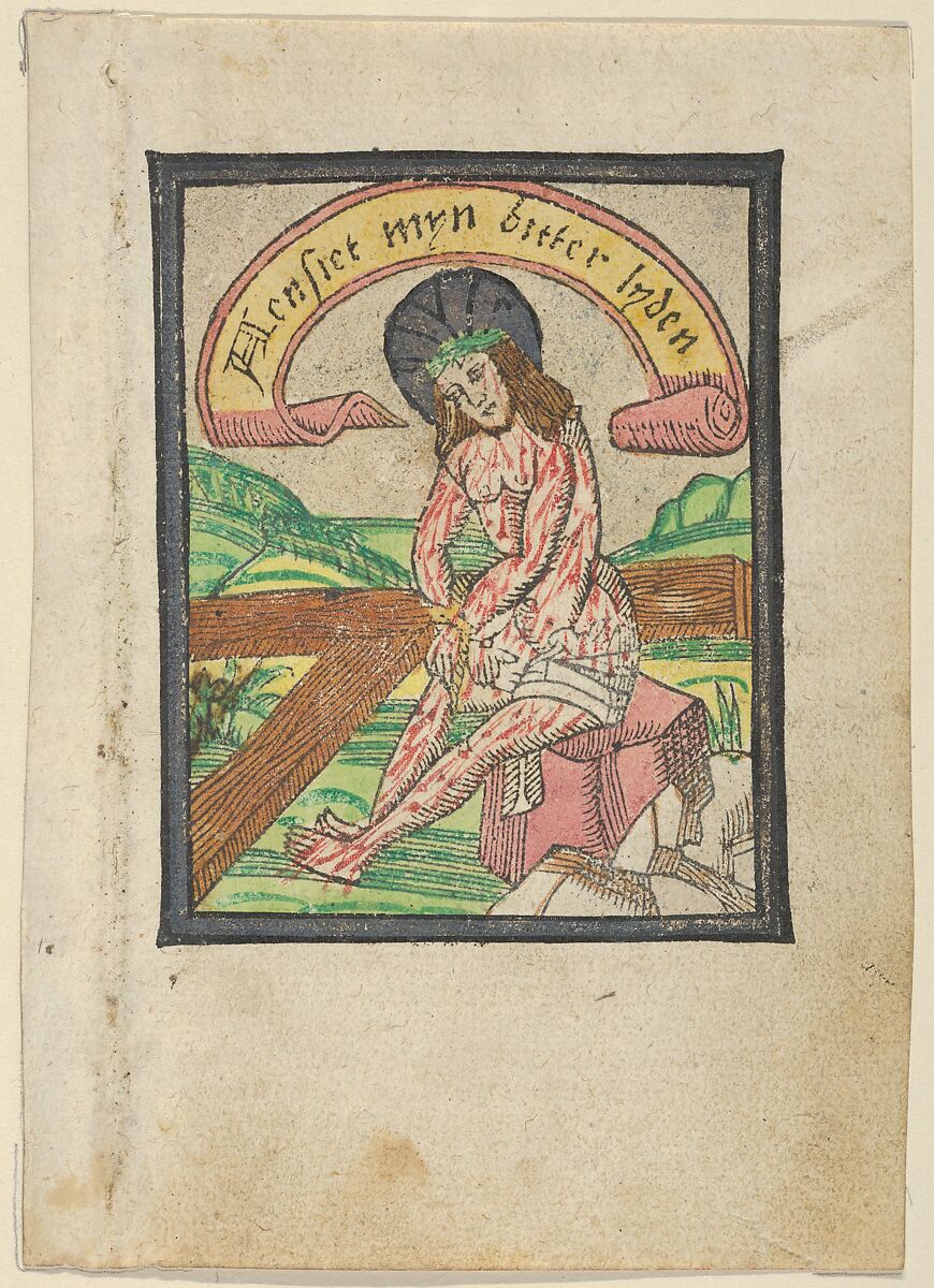 Man of Sorrows, Anonymous, Netherlandish, 15th century, Woodcut, hand-colored with red, green, yellow, brown and silver 