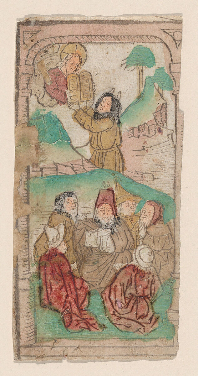 Moses Receiving the Law, illustration from a "Biblia Pauperum" blockbook, fourth edition, Anonymous, Netherlandish, 15th century, Woodcut printed in brown ink, with hand-coloring 
