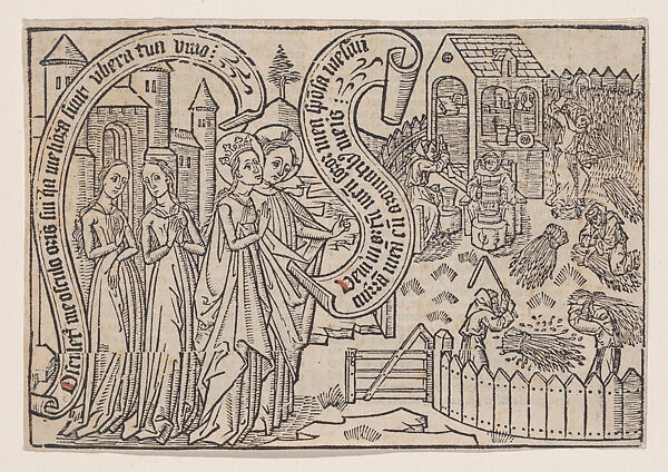 The Bridegroom Showing the Bride His Land,  from a Canticum Canticorum blockbook, 1st edition