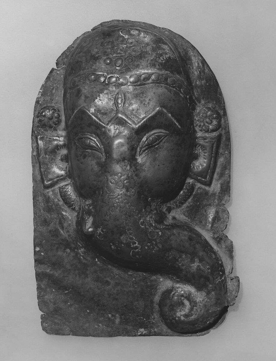 Relief Plaque of Hindu Deity, Probably Processional: Face of Ganesha, Repoussé copper alloy, Nepal (Kathmandu Valley) 