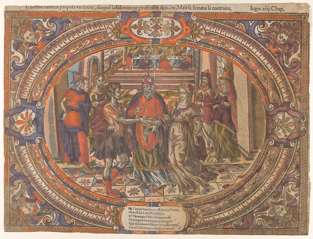 Marriage of Samson and the Philistine, from the Story of Samson, Anonymous, French, 16th century, Woodcut with pochoir (stencil) and hand coloring 