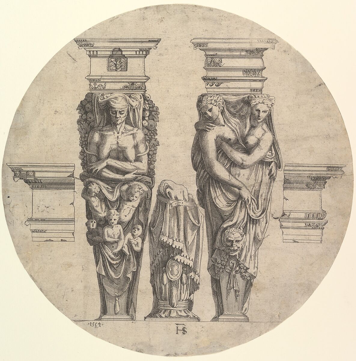 Two Terms, Two Cornices and a Pillar, Hugues Sambin (French, Gray ca. 1520–1601 Dijon), Etching 