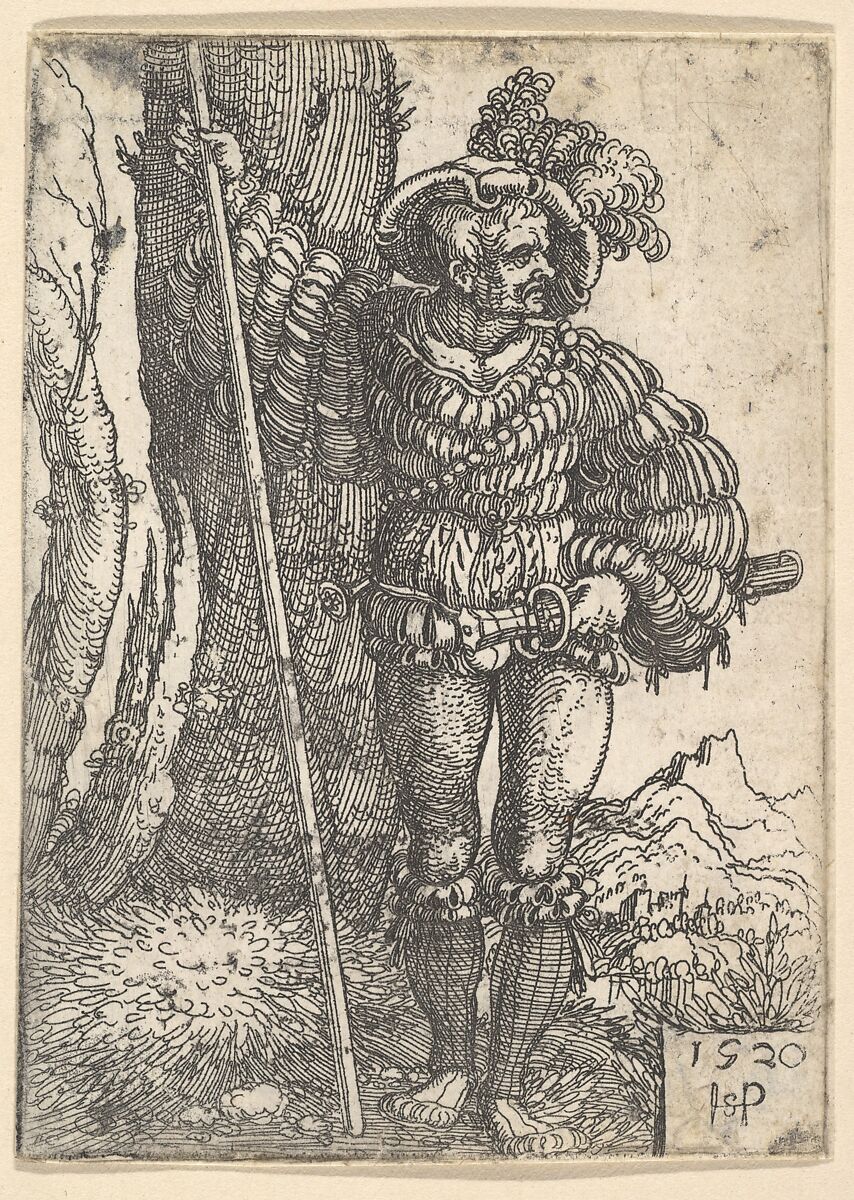 A Lansquenet Standing by a Tree, Sebald Beham (German, Nuremberg 1500–1550 Frankfurt), Etching 