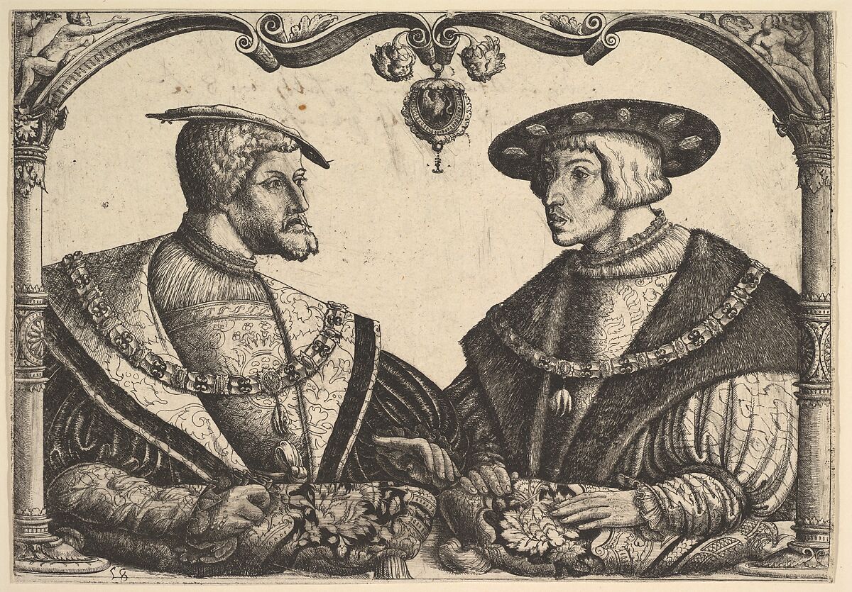 Emperors Charles V and Ferdinand I, Christoph Bockstorffer (German, Memmingen ca. 1480–ca. 1553 Colmar), Etching; second state of two (Hollstein) 