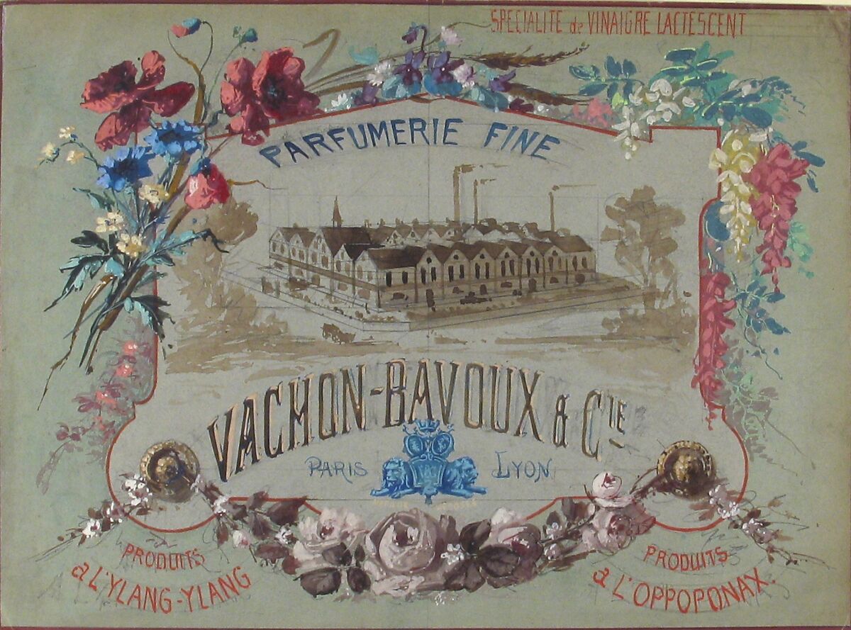 Parfumerie Fine: Vachon-Bachoux et Cie., Anonymous, French, 19th century, Graphite, watercolor, and brown wash on blue wove paper 