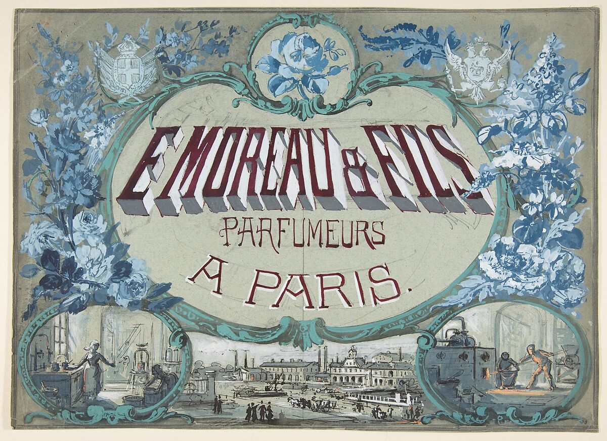 E. Moreau & Fils, Parfumeurs à Paris, Anonymous, French, 19th century, Graphite and gouache on faded blue wove paper 
