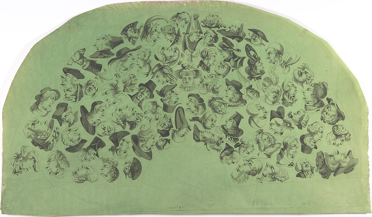 Fan Leaf Decorated with Caricatures and Reversible Heads, Anonymous, French, early 19th century, Etching on prepared green paper 