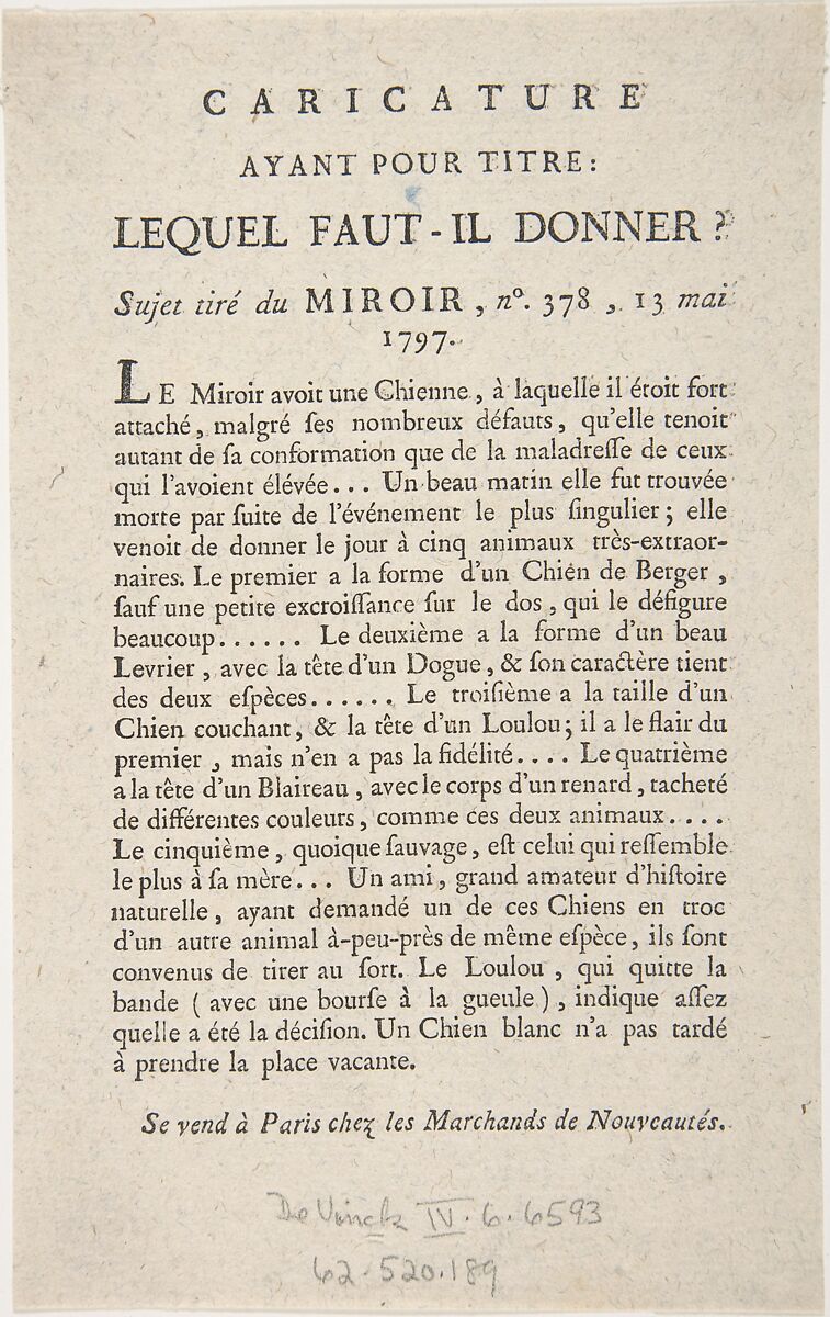 Caricature, Ayant Pour Titre: Lequel Faut-il Donner?, Sujet tiré du Miroir, no. 378, 13 Mai, 1797, Anonymous, French, 18th century, Letterpress 
