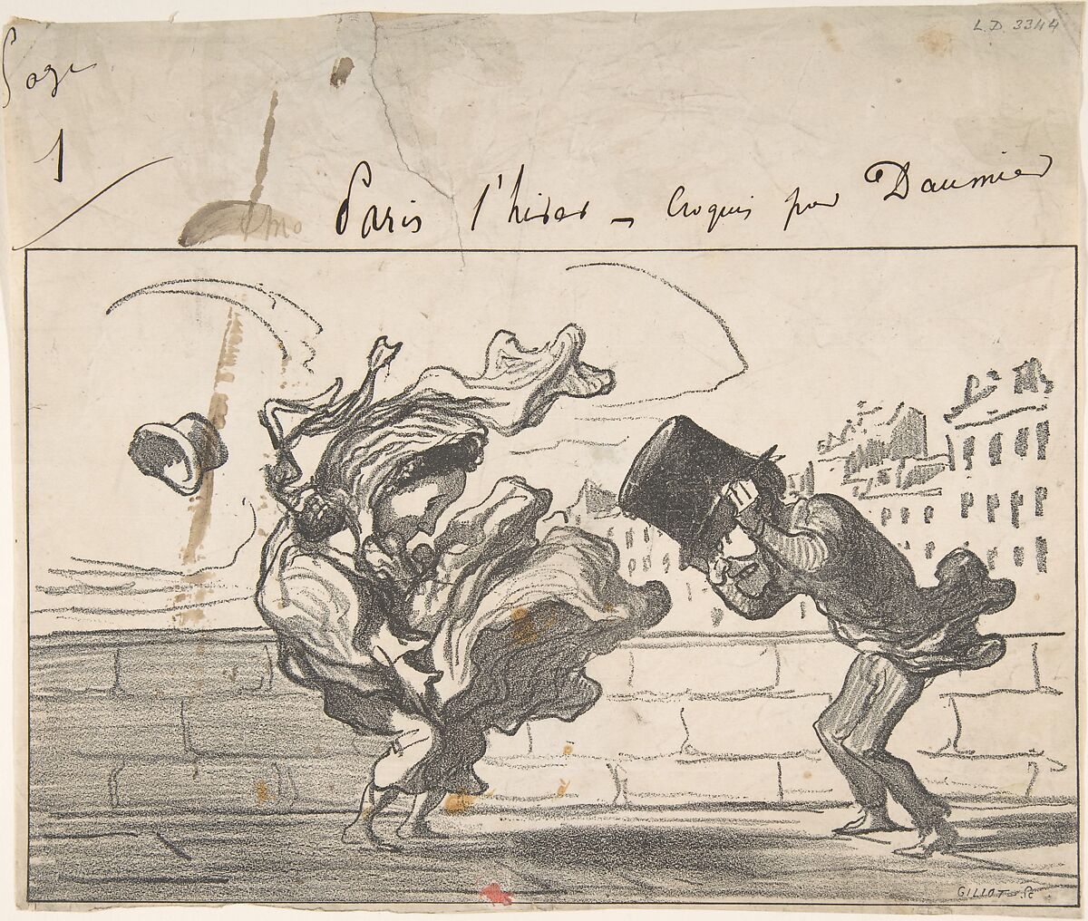 Un Coup de Vent non Prédit par Mathieu (de la Drôme), Plate 1 of Croquis d'Hiver, Honoré Daumier (French, Marseilles 1808–1879 Valmondois), Lithograph with notations in pen 