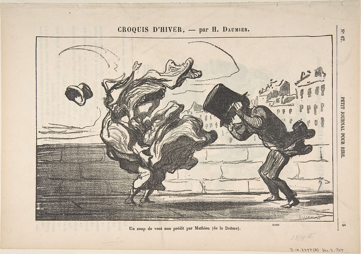 Un Coup de Vent non Prédit par Mathieu (de la Drôme), Plate 1 of Croquis d'Hiver, published in "Le Petit Journal pour rire", Honoré Daumier (French, Marseilles 1808–1879 Valmondois), Lithograph 