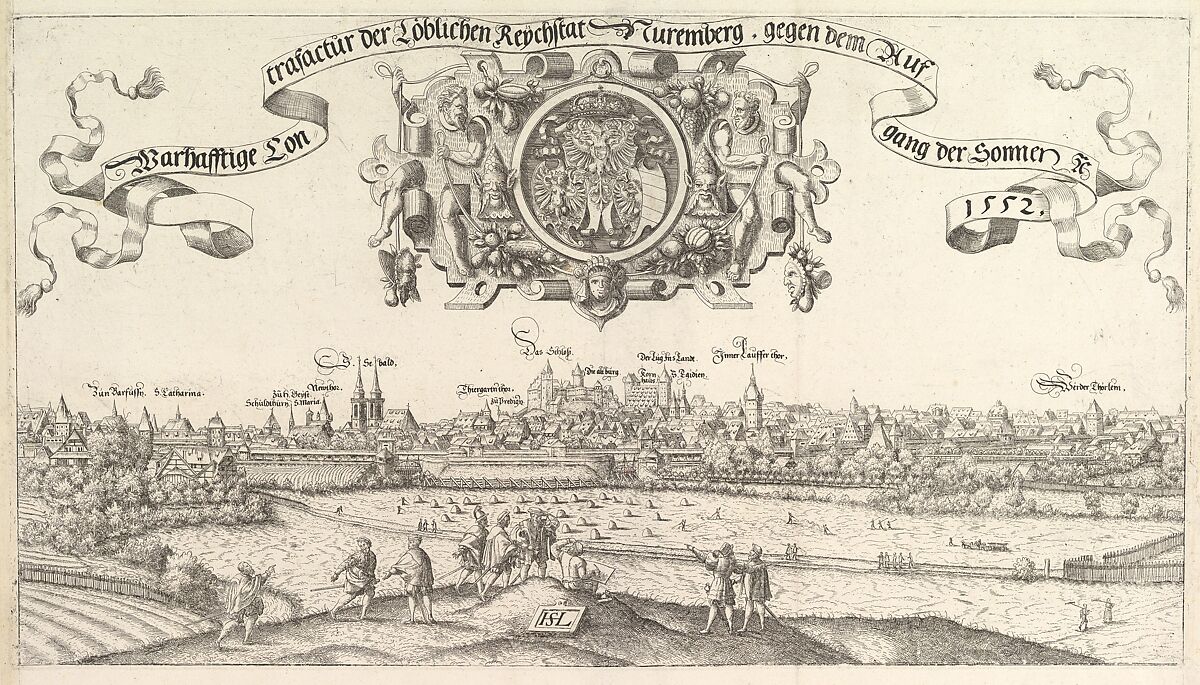 View of Nuremberg, to the east, center plate, Hanns Lautensack (German, Bamberg (?) ca. 1520–1564/66 Vienna), Etching 