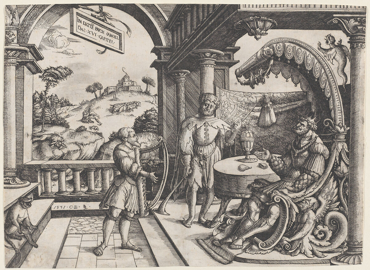 David playing the harp before Saul, Christoph Bockstorffer (German, Memmingen ca. 1480–ca. 1553 Colmar), Etching; second state of two (Hollstein)