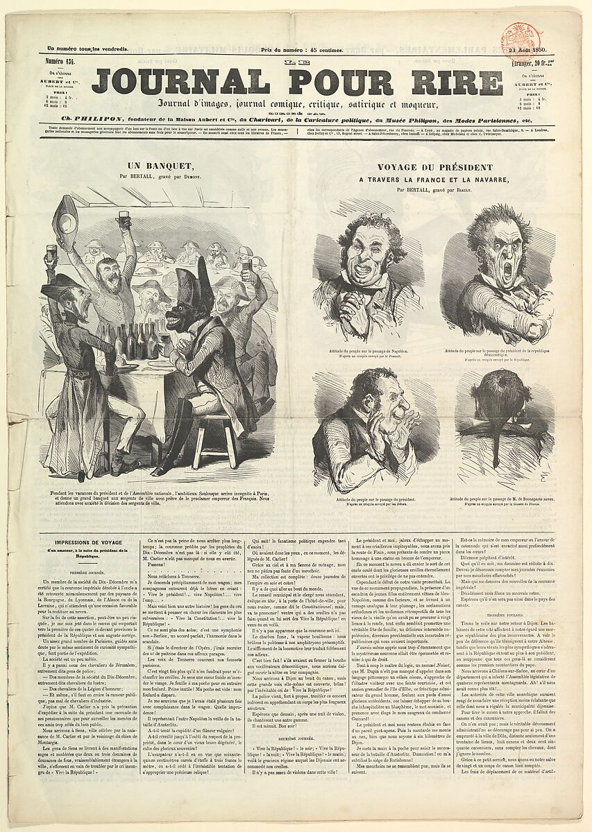 Le Journal Pour Rire, Journal d'Iimages, Journal Comique, Critique, Satirique et Moqueur, August 23, 1850, Published by Charles Philipon (French, Lyons 1800–1862 Paris)  , Paris, Commercial Process 