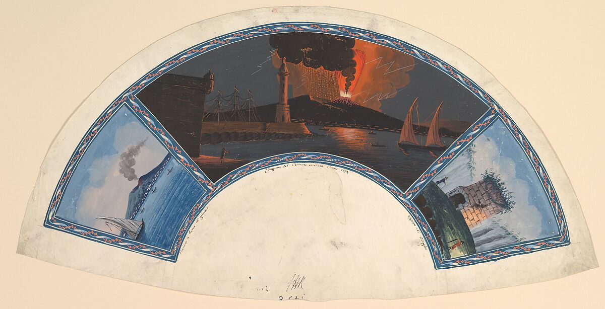 Fan Design with Views of Mount Vesuvius and the Tomb of Virgil, Anonymous, Italian, 18th century, Opaque watercolor on vellum 