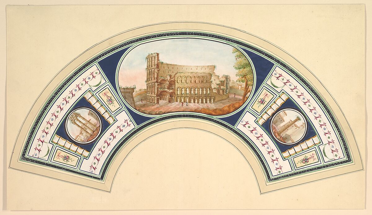 Fan Design with the Colosseum and the Temple of Vesta, Anonymous, Italian, 18th century, Watercolor and gouache on vellum ? 