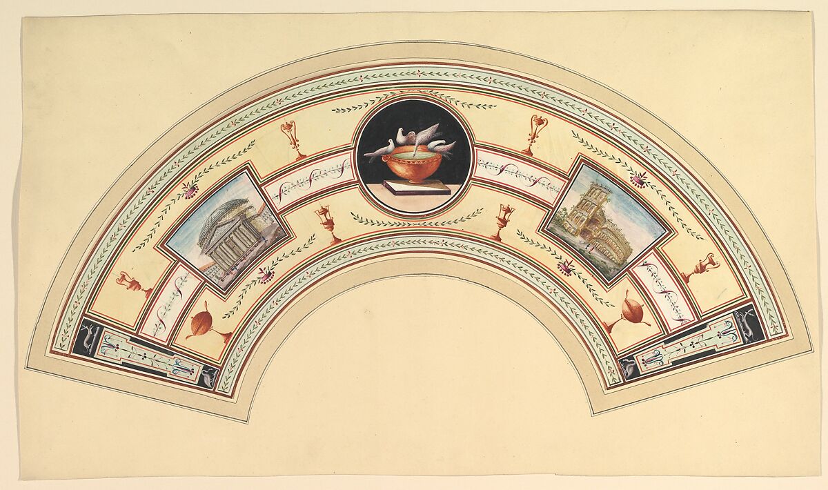 Fan Design with the Pantheon and the Colosseum, Anonymous, Italian, 18th century, Watercolor and gouache on vellum ? 