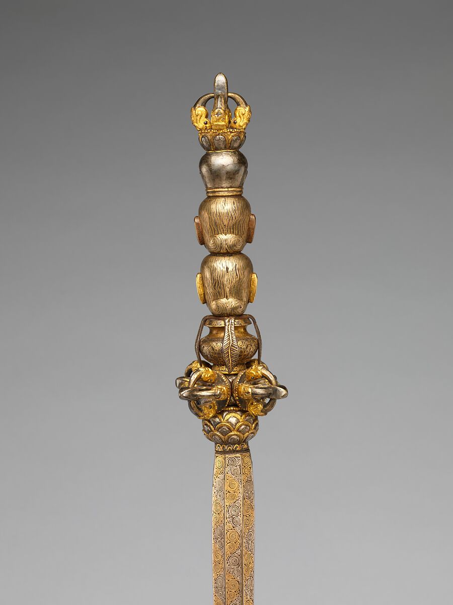 Ritual staff, Iron damascened with gold and silver, China