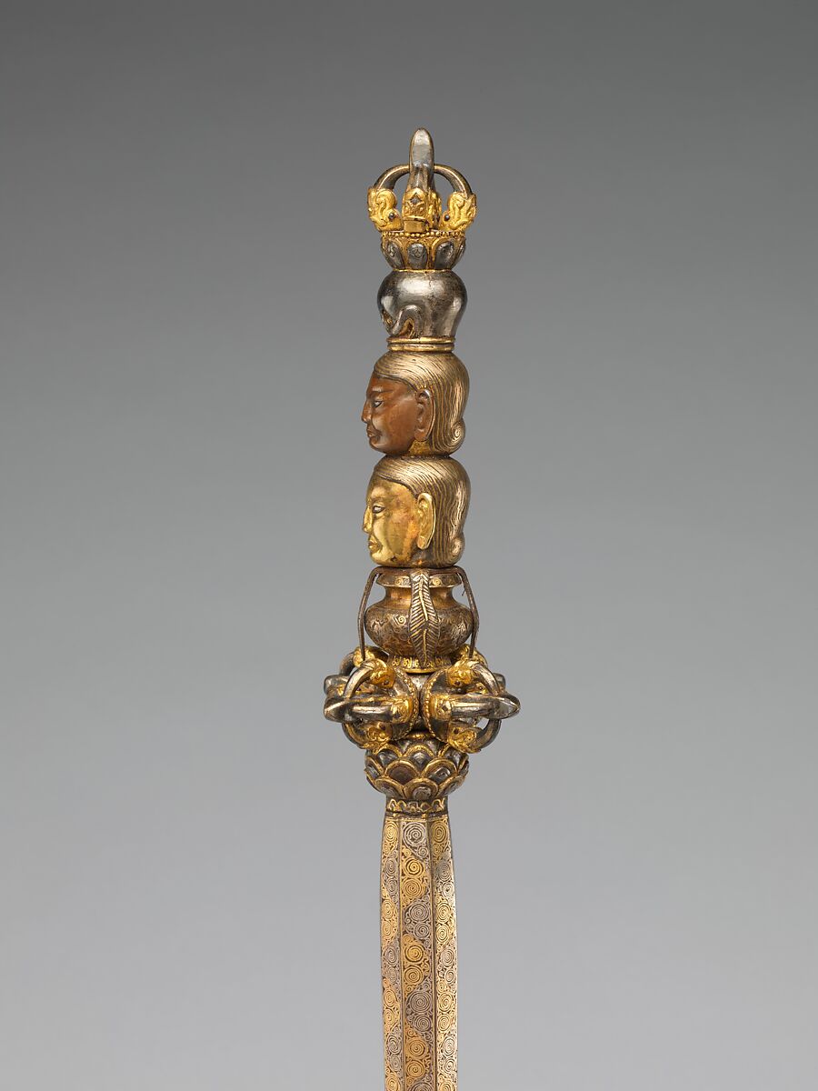 Ritual staff, Iron damascened with gold and silver, China