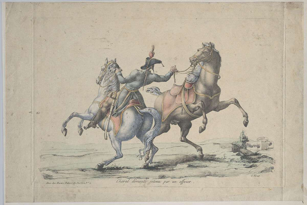 A Dismounted Horse Reined in by an Officer, Carle (Antoine Charles Horace) Vernet (French, Bordeaux 1758–1836 Paris), Hand colored lithograph on wove paper 