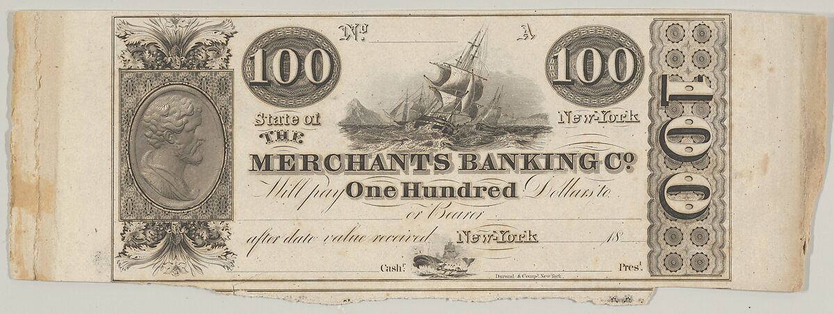 Proof of one side of a New York Merchants Banking Company 100 Dollar Bill, Attributed to Asher Brown Durand (American, Jefferson, New Jersey 1796–1886 Maplewood, New Jersey), Engraving; proof 